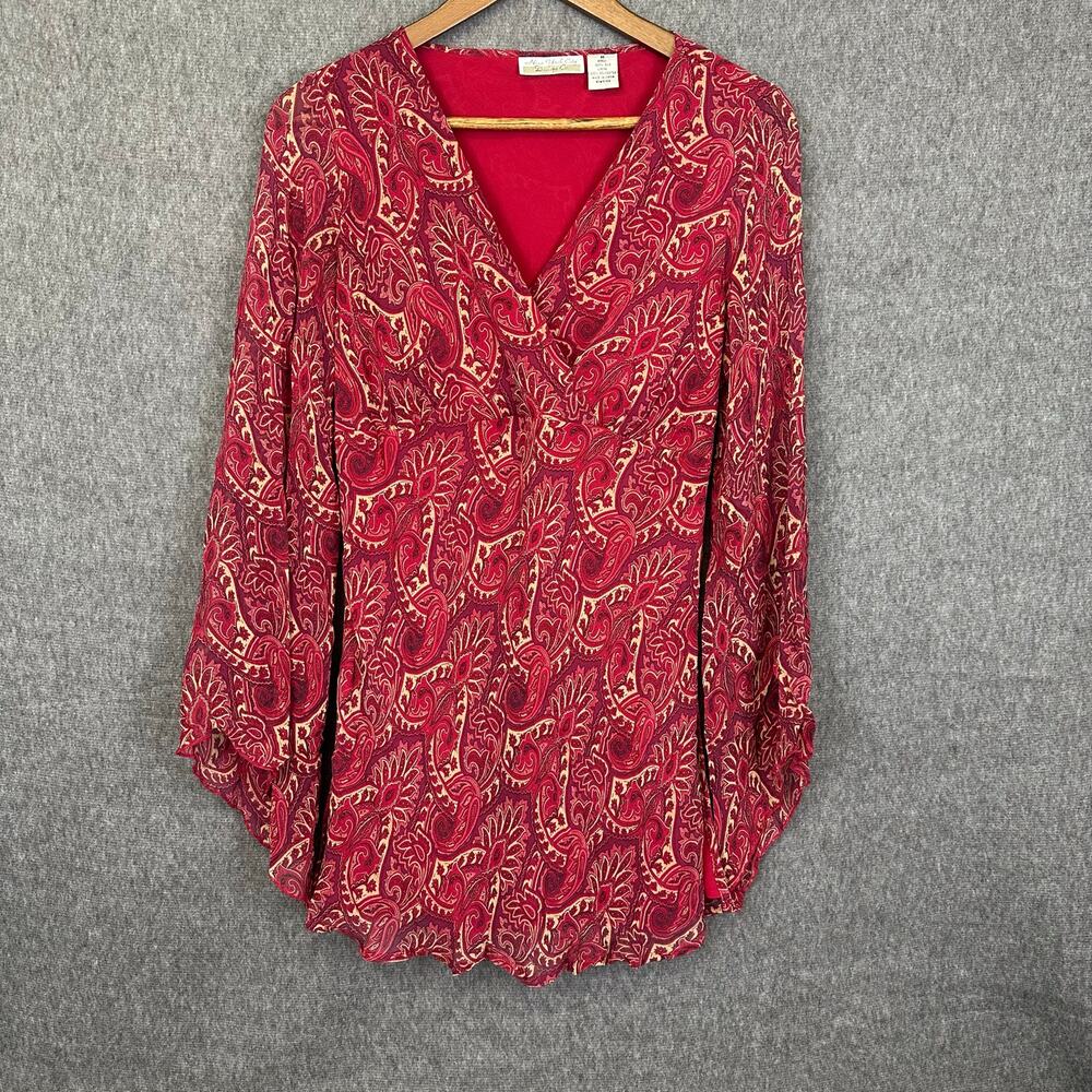 New York City Design Y2K Silk Babydoll Tunic Top Bell Sleeve Sz S Red Paisley
